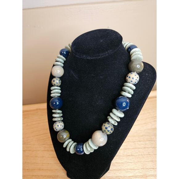Bold Green & Blue African Glass Beaded Necklace - Picture 4 of 7